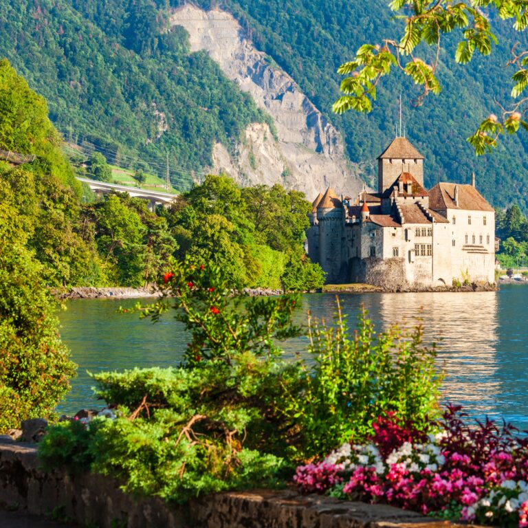 Vue d'un lac en Suisse avec un château.